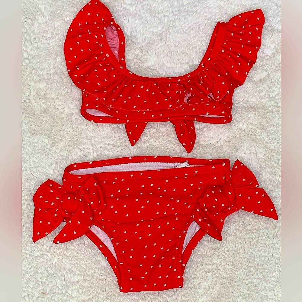 Jessica Simpson Infant Girl Two Piece Red With White Polkadots Swimsuit